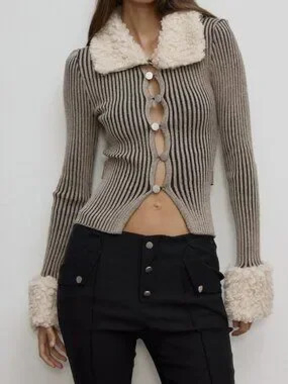 Multicolor Casual Women's Striped Faux Fur Trim Collar Ribbed Knit Cardigan